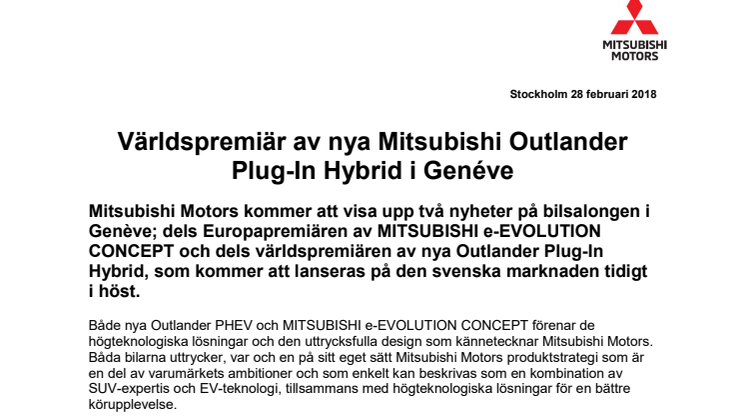 Världspremiär för nya Mitsubishi Outlander Plug-In Hybrid i Genéve 