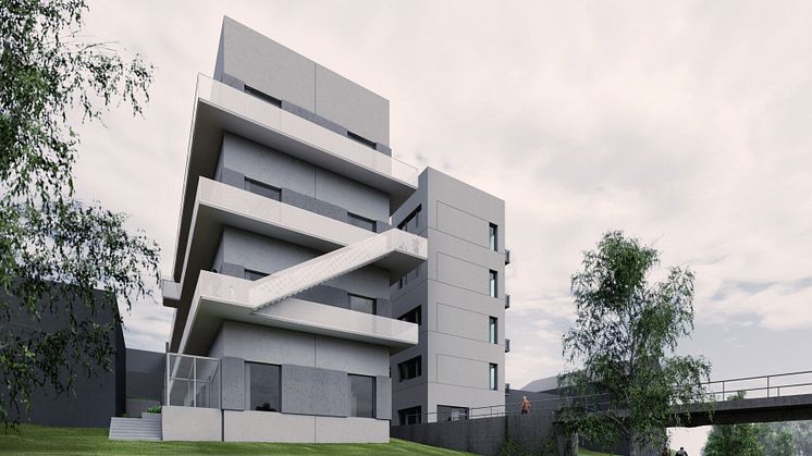 Flerfamiljshusen som byggs i Vallastaden i Linköping är extremt energisnåla och byggs i betong. Design: Campus Arkitekter