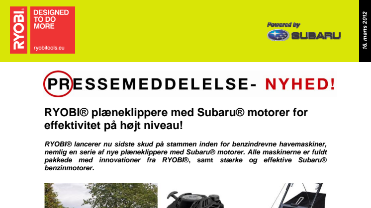RYOBI® plæneklippere med Subaru® motorer for effektivitet på højt niveau!