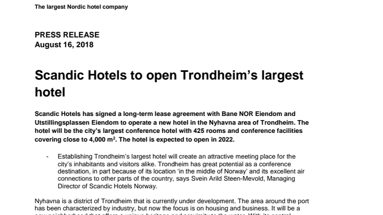 Scandic Hotels to open Trondheim’s largest hotel