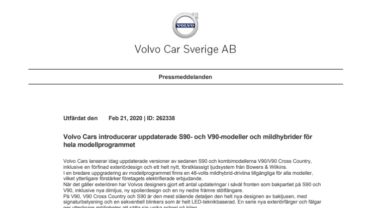 Volvo Cars introducerar uppdaterade S90- och V90-modeller och mildhybrider för hela modellprogrammet