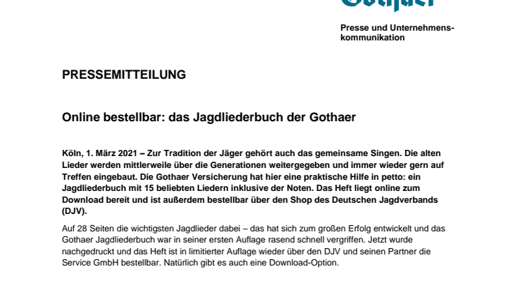 Online bestellbar: das Jagdliederbuch der Gothaer