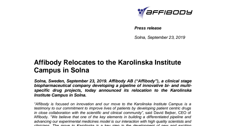 Affibody Relocates to the Karolinska Institute Campus in Solna