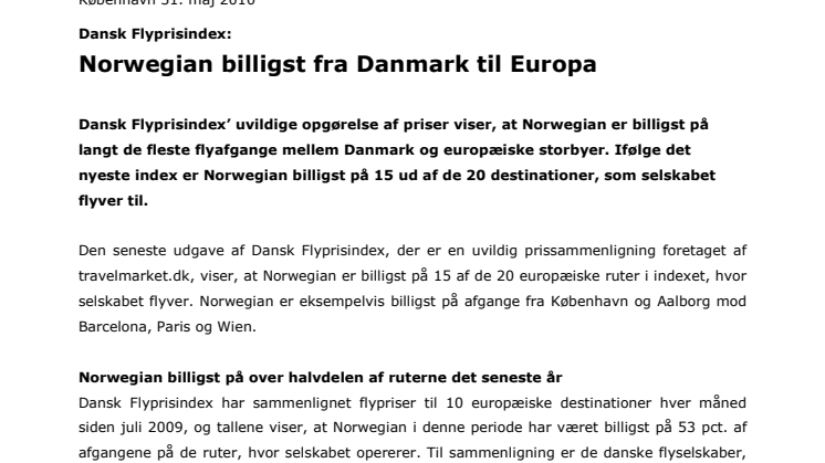 Dansk Flyprisindex: Norwegian billigst fra Danmark til Europa