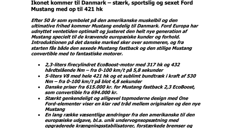 Ikonet kommer til Danmark – stærk, sportslig og sexet Ford Mustang med op til 421 hk