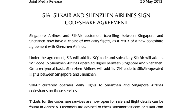 Joint Media Release: SIA, SilkAir and Shenzhen Airlines Sign Codeshare Agreement 