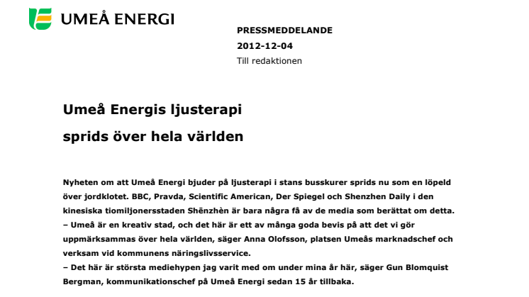 Umeå Energis ljusterapi sprids över hela världen