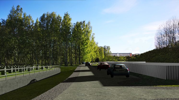 En sann illustration av Järva begravningsplats som bygger på projektets bygghandlingar. Skissen visar en liten del av sammanlagt 3 kilometer kombinerad gång- och bilväg som ska anläggas i kulturreservatet för begravningsöarna ska nås.