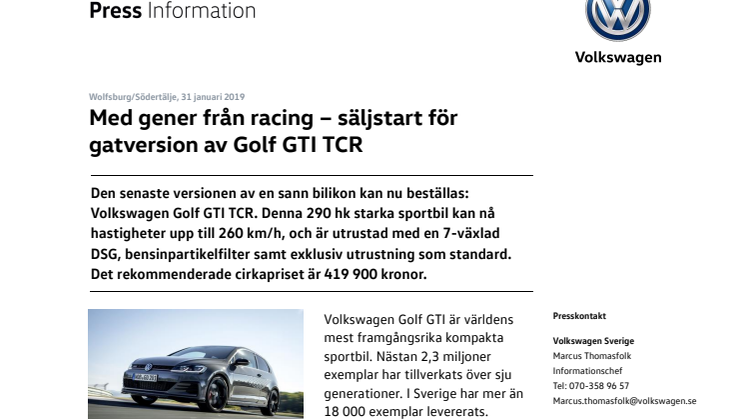 Med gener från racing – säljstart för gatversion av Golf GTI TCR