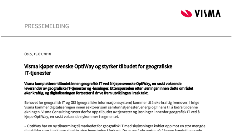 Visma kjøper OptiWay og styrker tilbudet for geografiske IT-tjenester