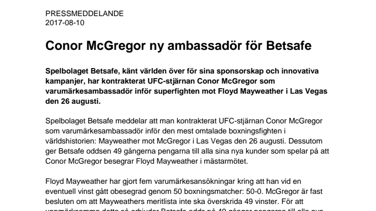 Conor McGregor ny ambassadör för Betsafe