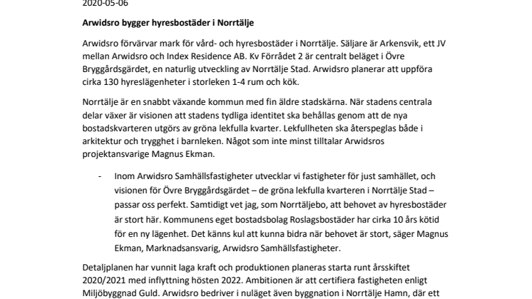 Arwidsro bygger hyresbostäder i Norrtälje