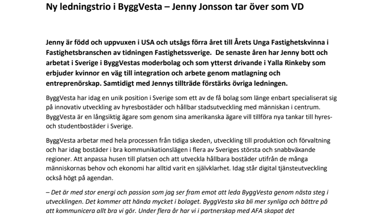Ny ledningstrio i ByggVesta – Jenny Jonsson tar över som VD