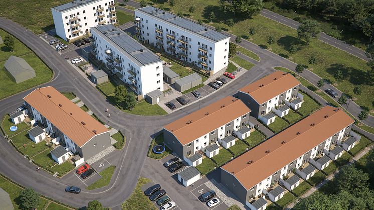 Översiktsilllustration av det kommande kvarteret med radhus (BoKlok Mittpunkten) och lägenheter (BoKlok Koordinaten) i Kvarnbäck, Höör. 