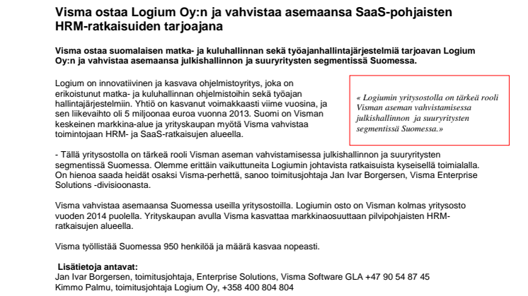 Visma ostaa Logium Oy:n ja vahvistaa asemaansa SaaS-pohjaisten HRM-ratkaisuiden tarjoajana  