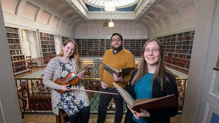 From l-r Dr Rachael Durkin, Senior Lecturer at Northumbria University; James Smith, Music Librarian at the Lit & Phil; and Dr Katherine Butler, Senior Lecturer at Northumbria University.