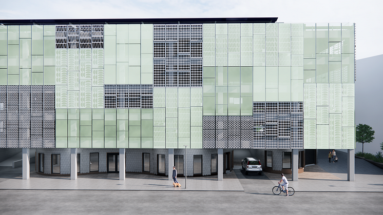 Arkitektritning av fasaden på P-huset Hyllieäng, som har planerad byggstart augusti, 2022.