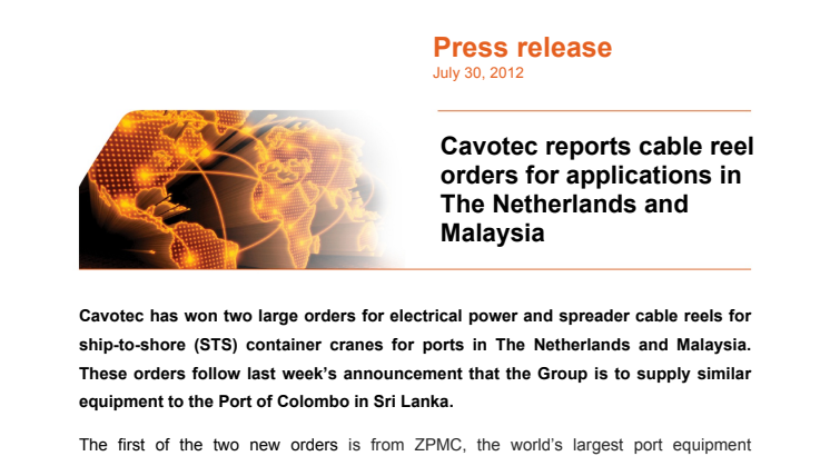 Cavotec reports cable reel orders for applications in The Netherlands and Malaysia