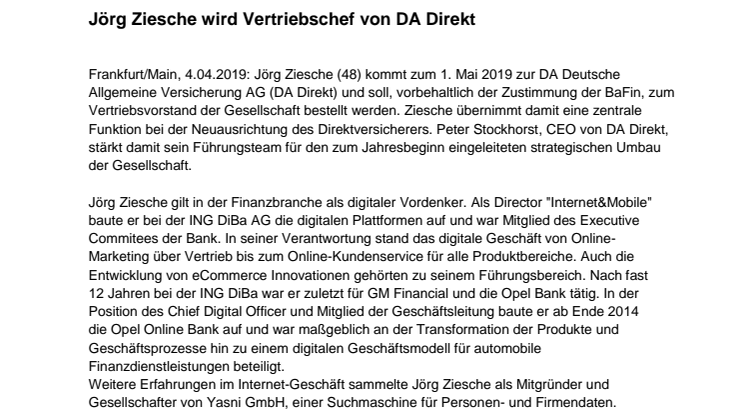 Jörg Ziesche wird Vertriebschef von DA Direkt 
