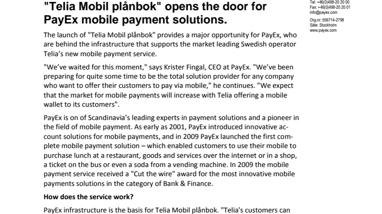 "Telia Mobil plånbok" opens the door for PayEx mobile payment solutions.