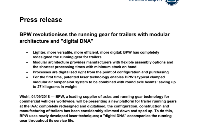 BPW revolutionises the running gear for trailers with modular architecture and "digital DNA"