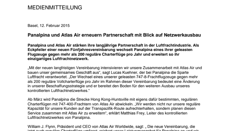 Panalpina und Atlas Air erneuern Partnerschaft mit Blick auf Netzwerkausbau