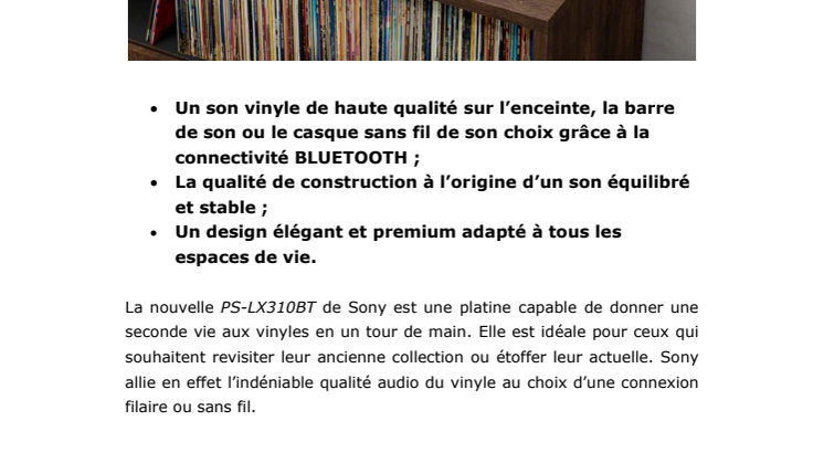 Nouvelle platine vinyle PS-LX310BT de Sony : le son inimitable du vinyle a rendez-vous avec le sans fil