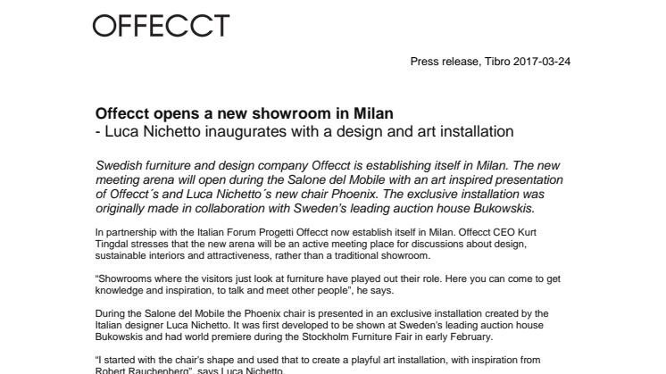 Offecct opens a new showroom in Milan