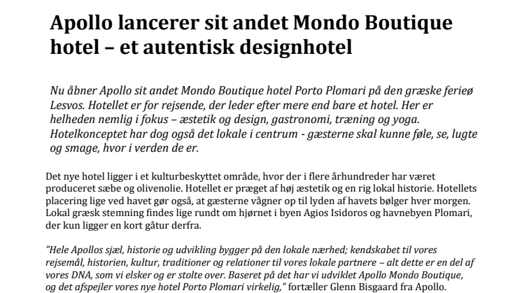 Apollo lancerer sit andet Mondo Boutique hotel - et autentisk designhotel