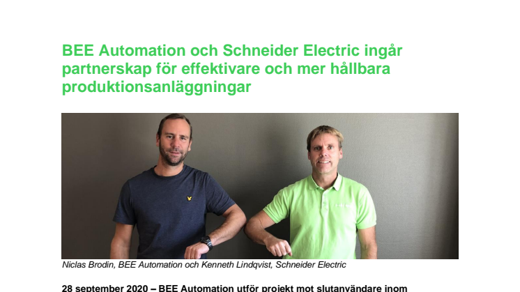 BEE Automation och Schneider Electric ingår partnerskap för effektivare och mer hållbara produktionsanläggningar