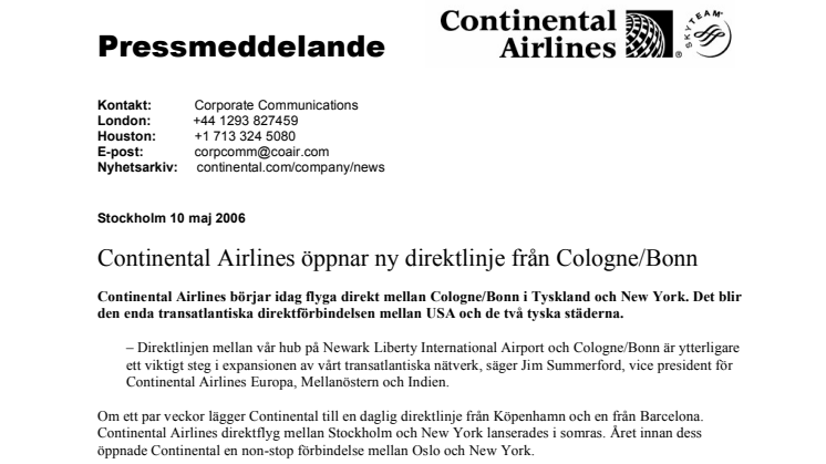 Continental Airlines öppnar ny direktlinje från Cologne/Bonn