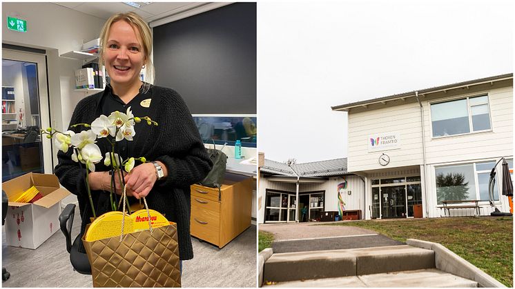 Karin Blennskog, årets lärare i Falkenberg, uppmärksammades och uppvaktades med blommor och choklad på skolan.