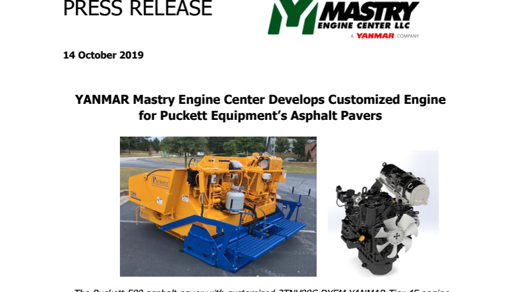 YANMAR Mastry Engine Center Develops Customized Engine for Puckett Equipment’s Asphalt Pavers