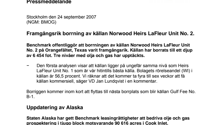 Framgångsrik borrning av källan Norwood Heirs LaFleur Unit No. 2.