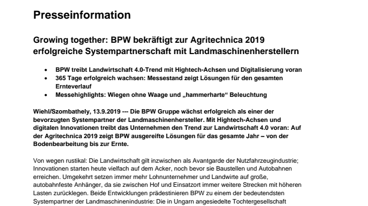 Growing together: BPW bekräftigt zur Agritechnica 2019 erfolgreiche Systempartnerschaft mit Landmaschinenherstellern