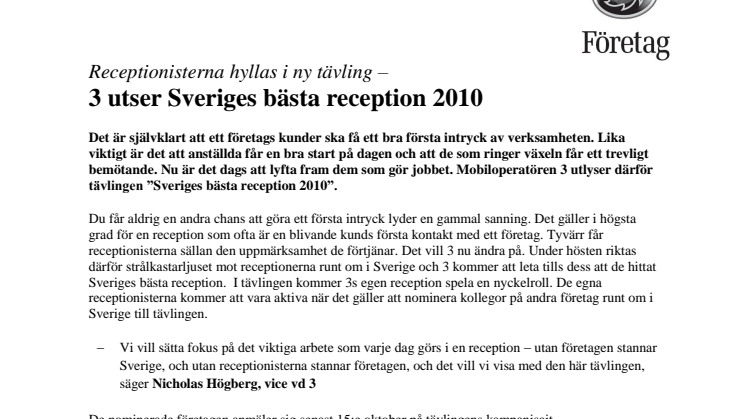 Receptionisterna hyllas i ny tävling –  3 utser Sveriges bästa reception 2010