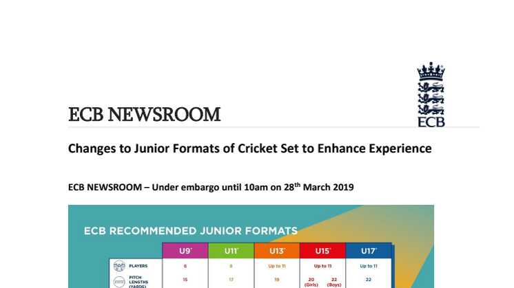 Changes to Junior Formats of Cricket Set to Enhance Experience