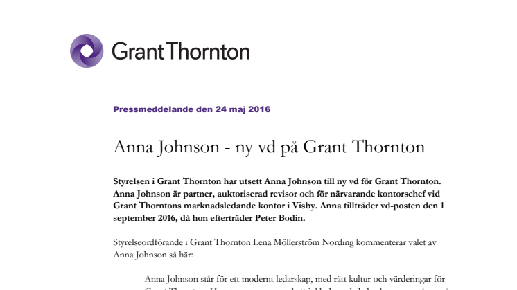 Anna Johnson - ny vd på Grant Thornton