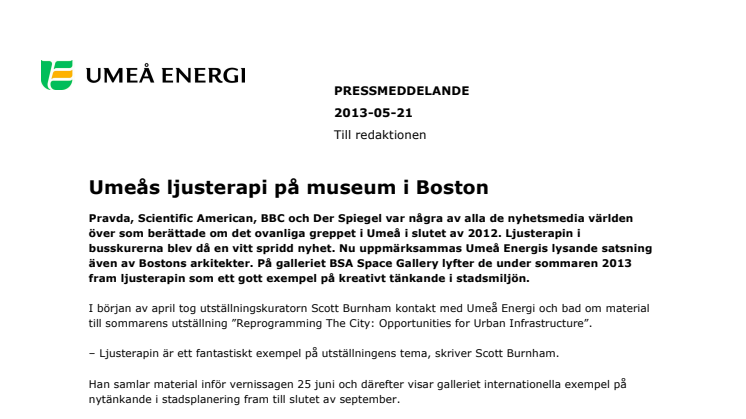 Umeås ljusterapi på museum i Boston