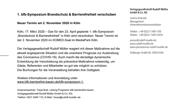 1. bfb-Symposium Brandschutz & Barrierefreiheit verschoben