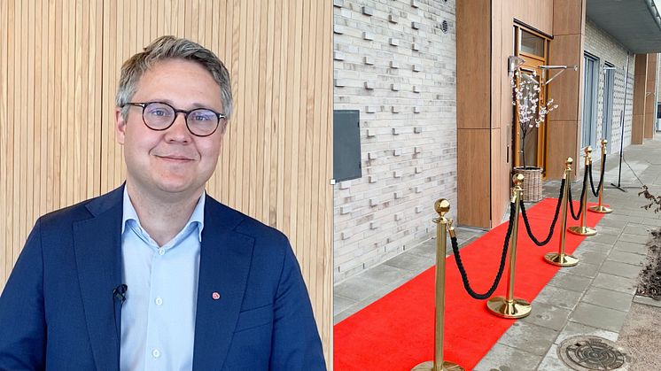 Bostadsminister Johan Danielsson samt en bild tagen i samband med inflyttningen i projektet Körsbärslunden i mars 2021, när den röda mattan hade rullats ut för de boende.