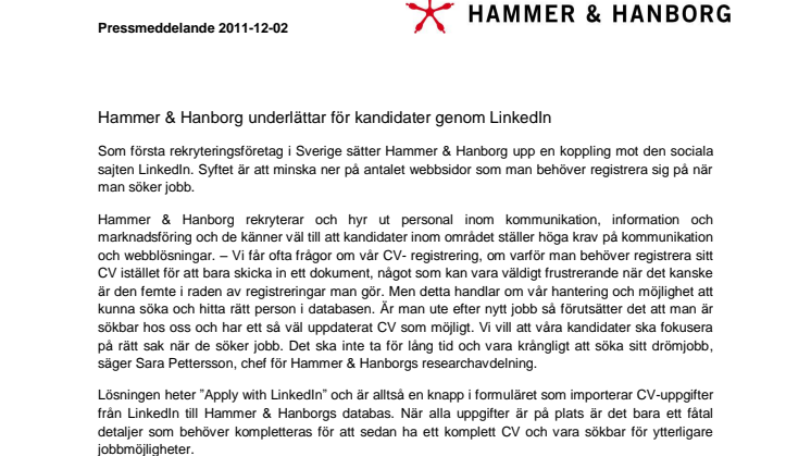 Hammer & Hanborg underlättar för kandidater genom LinkedIn