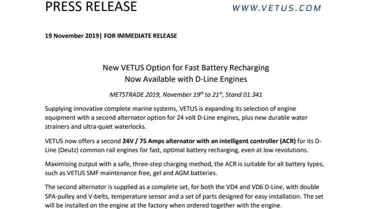 METSTRADE 2019: New VETUS Option for Fast Battery Recharging Now Available with D-Line Engines