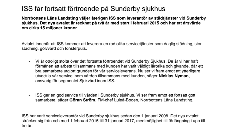 ISS får fortsatt förtroende på Sunderby sjukhus