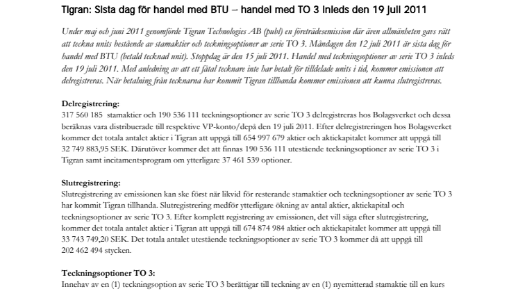 Tigran: Sista dag för handel med BTU – handel med TO 3 inleds den 19 juli 2011
