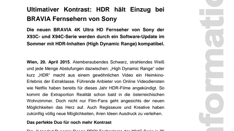 Pressemitteilung BRAVIA HDR Update von Sony