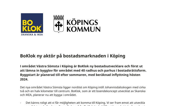 Pressmeddelande BoKlok ny aktör på bostadsmarknaden i Köping