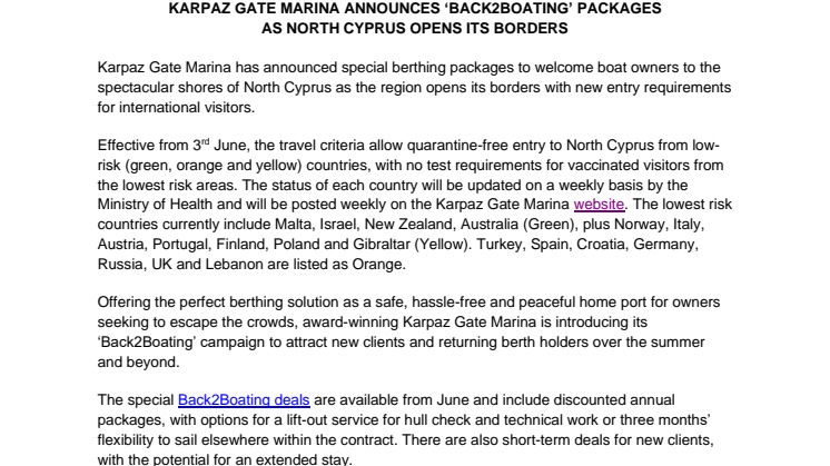 Karpaz Gate Marina Announces ‘Back2Boating’ Packages as North Cyprus Opens its Borders