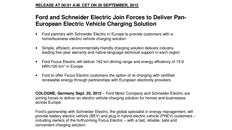 Ford and Schneider Electric Join Forces to Deliver Pan-European Electric Vehicle Charging Solution 