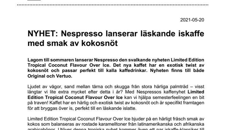NYHET: Nespresso lanserar läskande iskaffe med smak av kokosnöt